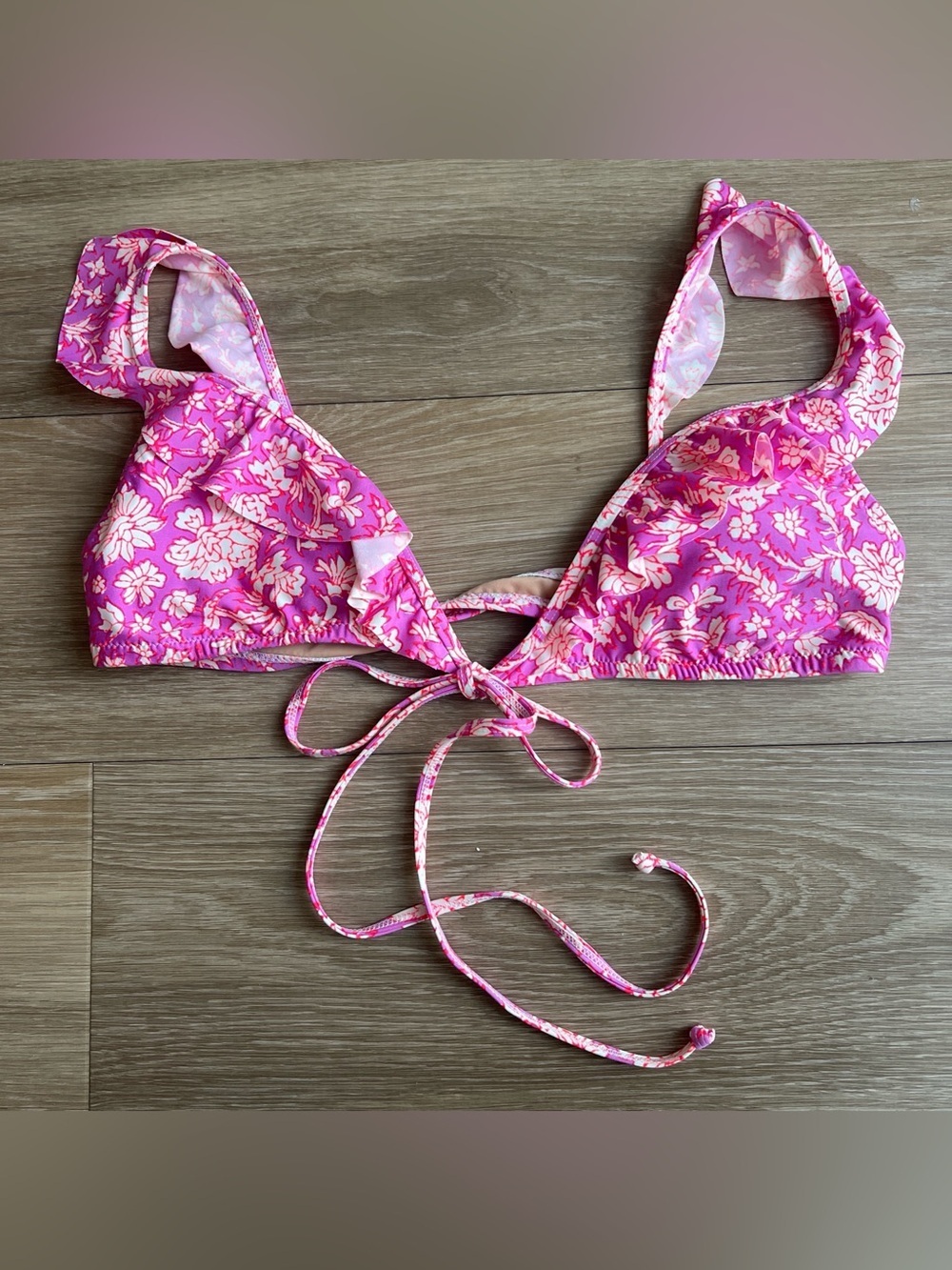J. Crew Pink & White Floral Ruffle Bikini Top padded